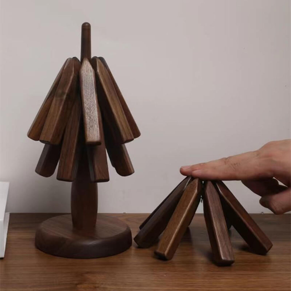 Elegant Wooden Coaster Set with Premium Walnut Stand for Pots and Cups 5