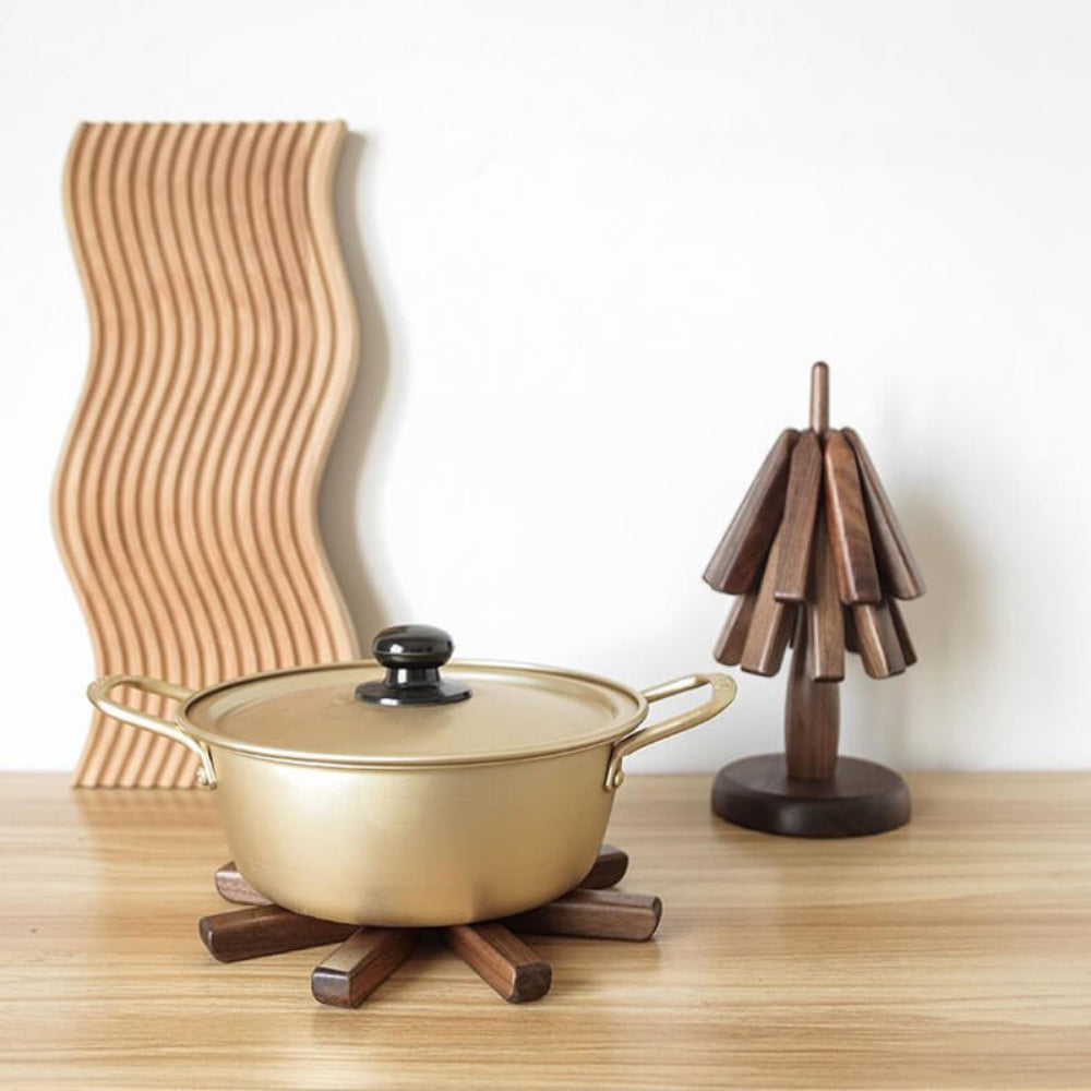 Elegant Wooden Coaster Set with Premium Walnut Stand for Pots and Cups 6