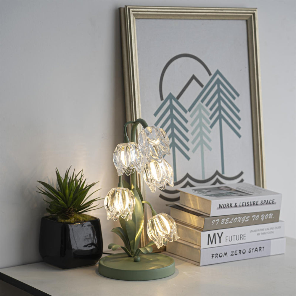 Botanical Table Lamp with Green Glass Petals – Elegant Nightstand or Desk Lamp for Modern Home Decor 19