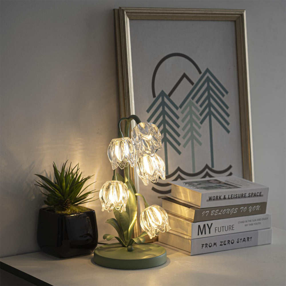 Botanical Table Lamp with Green Glass Petals – Elegant Nightstand or Desk Lamp for Modern Home Decor 20
