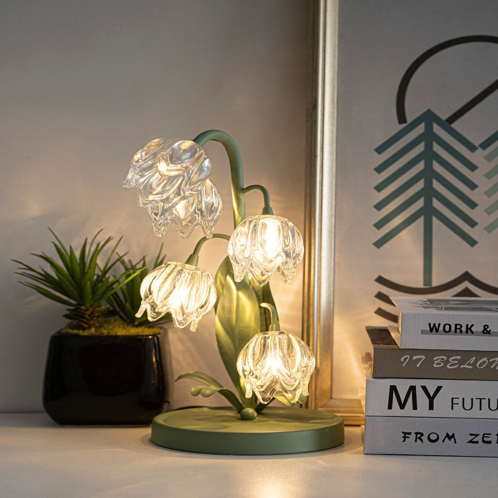 Botanical Table Lamp with Green Glass Petals – Elegant Nightstand or Desk Lamp for Modern Home Decor 22