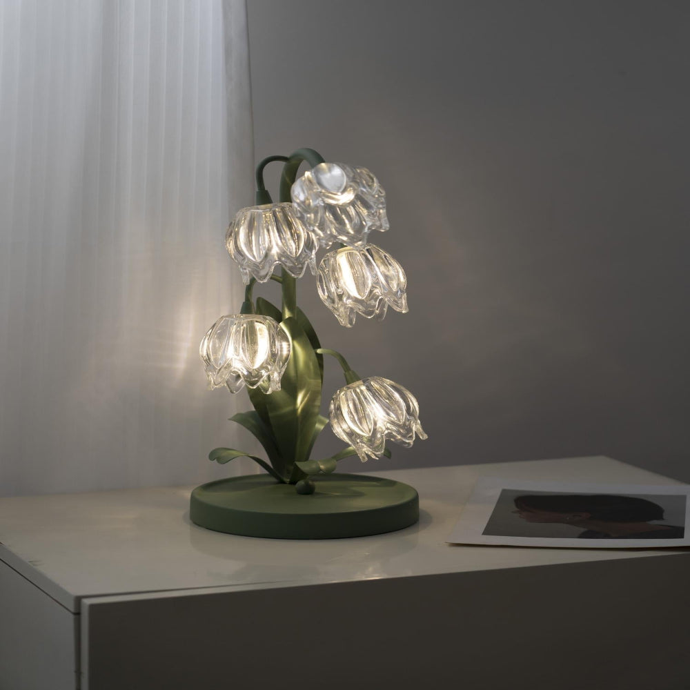 Botanical Table Lamp with Green Glass Petals – Elegant Nightstand or Desk Lamp for Modern Home Decor 33