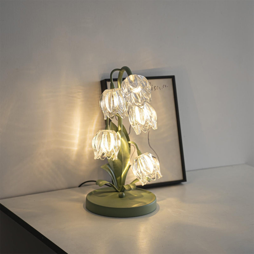 Botanical Table Lamp with Green Glass Petals – Elegant Nightstand or Desk Lamp for Modern Home Decor 34