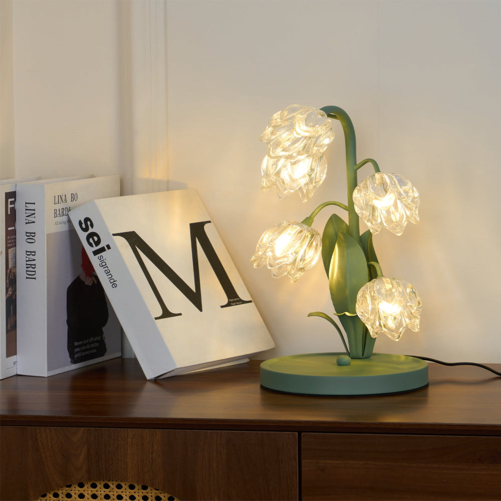 Botanical Table Lamp with Green Glass Petals – Elegant Nightstand or Desk Lamp for Modern Home Decor 36