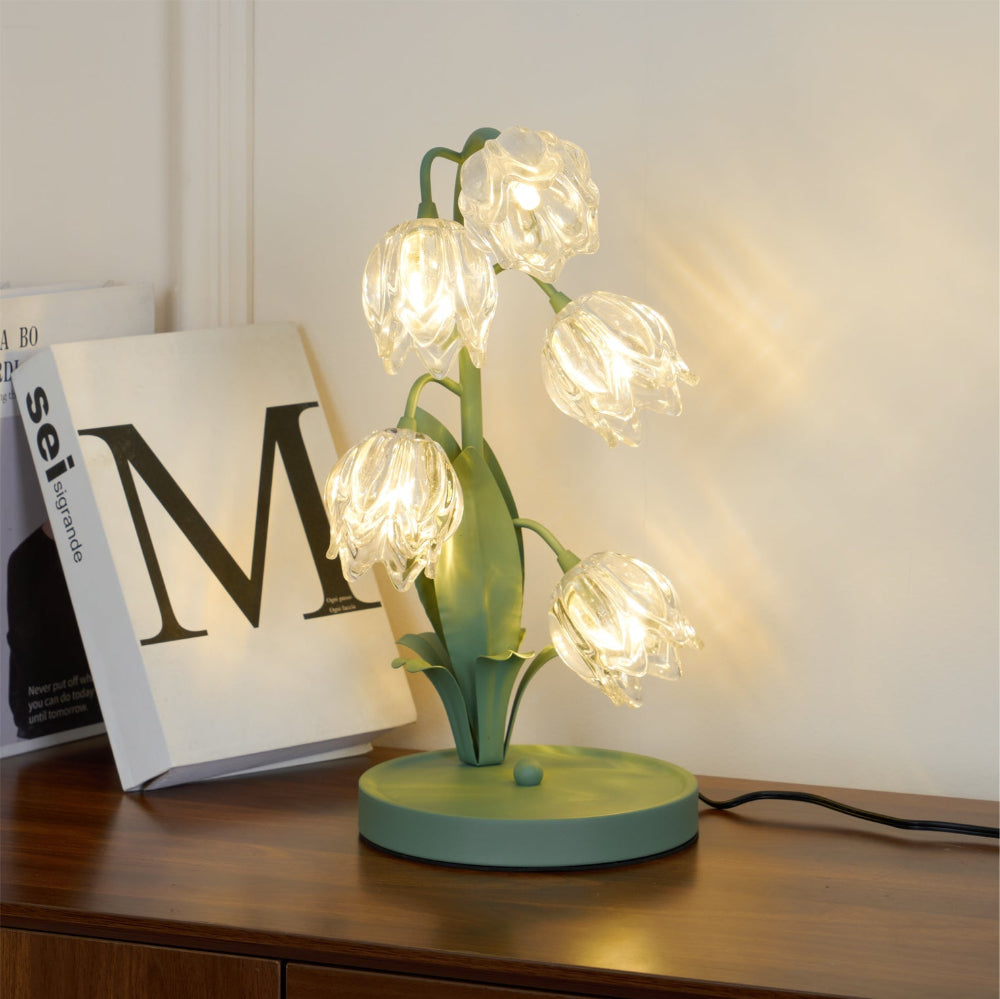 Botanical Table Lamp with Green Glass Petals – Elegant Nightstand or Desk Lamp for Modern Home Decor 40