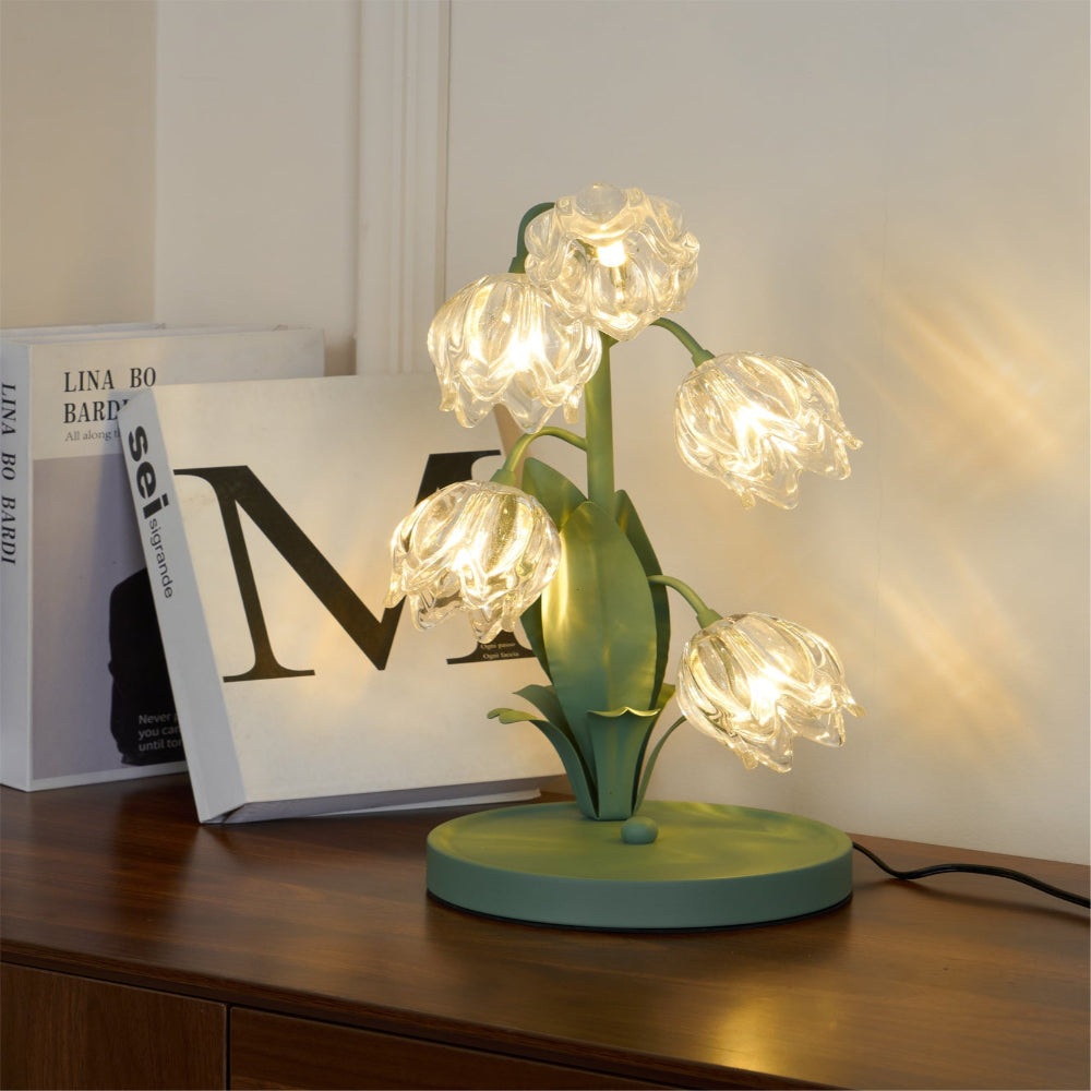 Botanical Table Lamp with Green Glass Petals – Elegant Nightstand or Desk Lamp for Modern Home Decor 41