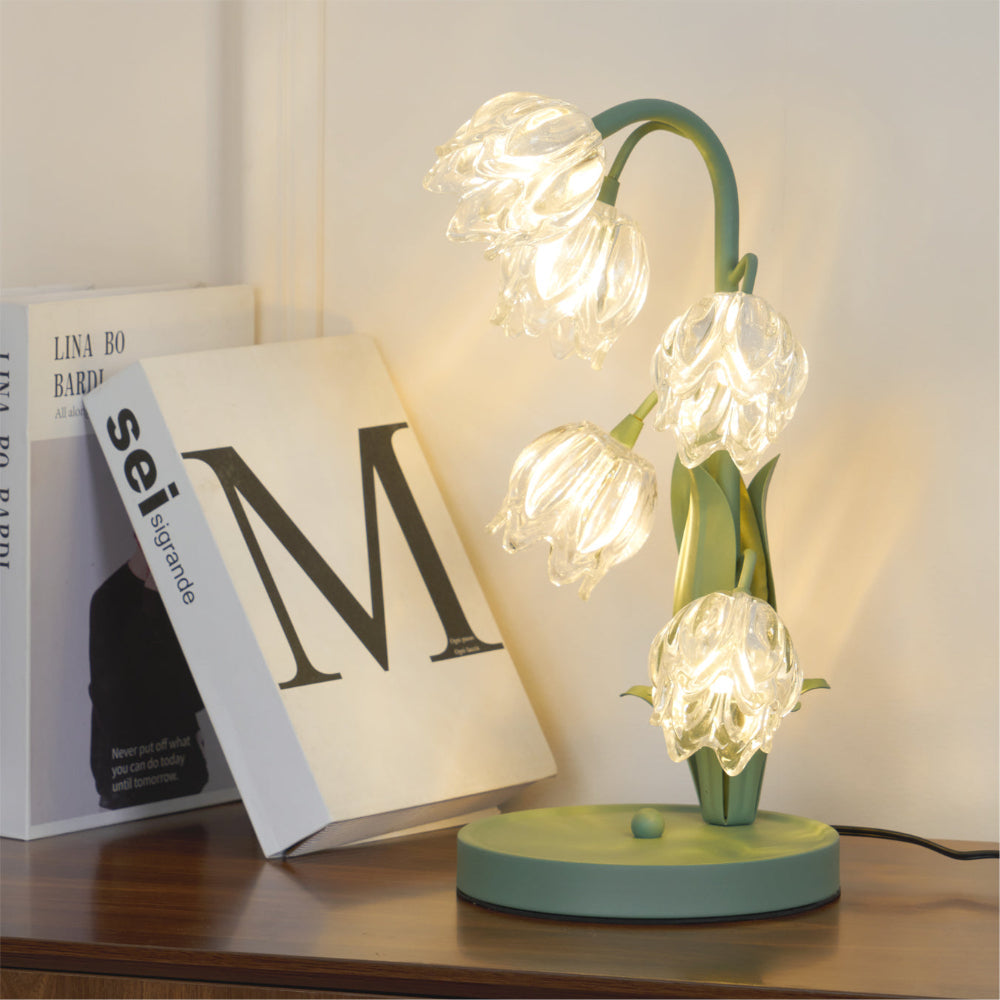Botanical Table Lamp with Green Glass Petals – Elegant Nightstand or Desk Lamp for Modern Home Decor 44