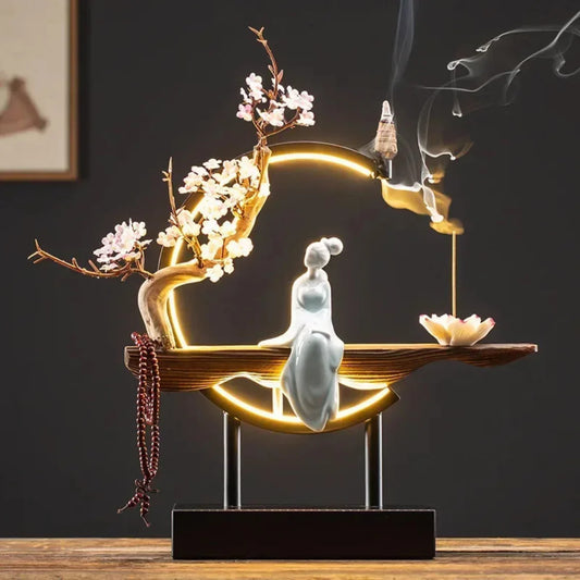 FlowRing Backflow Incense Holder with LED Light – Elegant Ceramic Burner in Iron Frame 1