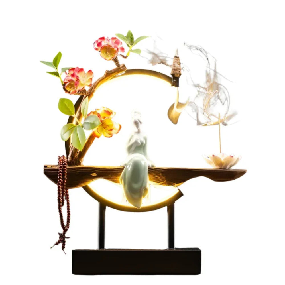 FlowRing Backflow Incense Holder with LED Light – Elegant Ceramic Burner in Iron Frame 12