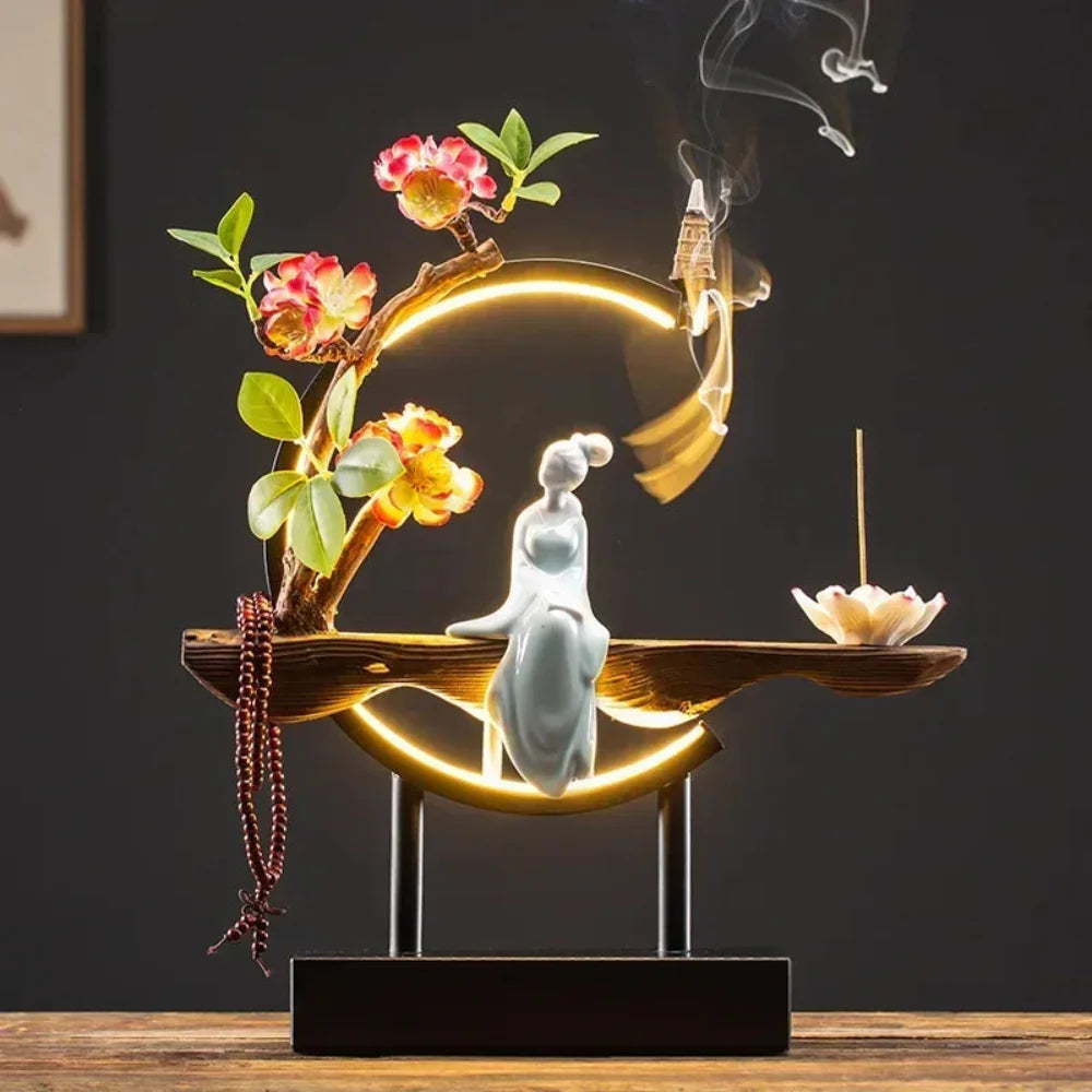 FlowRing Backflow Incense Holder with LED Light – Elegant Ceramic Burner in Iron Frame 2