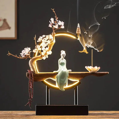FlowRing Backflow Incense Holder with LED Light – Elegant Ceramic Burner in Iron Frame 3