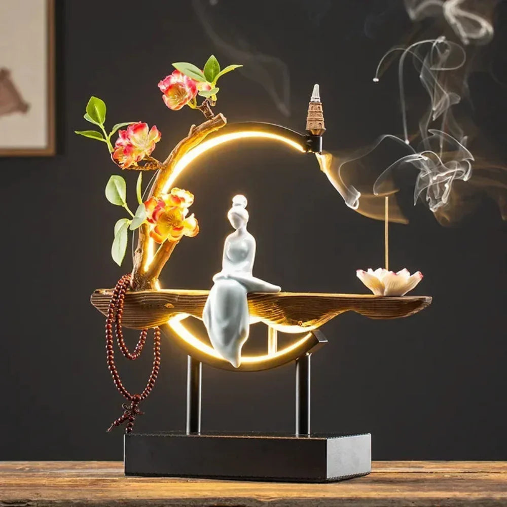 FlowRing Backflow Incense Holder with LED Light – Elegant Ceramic Burner in Iron Frame 4