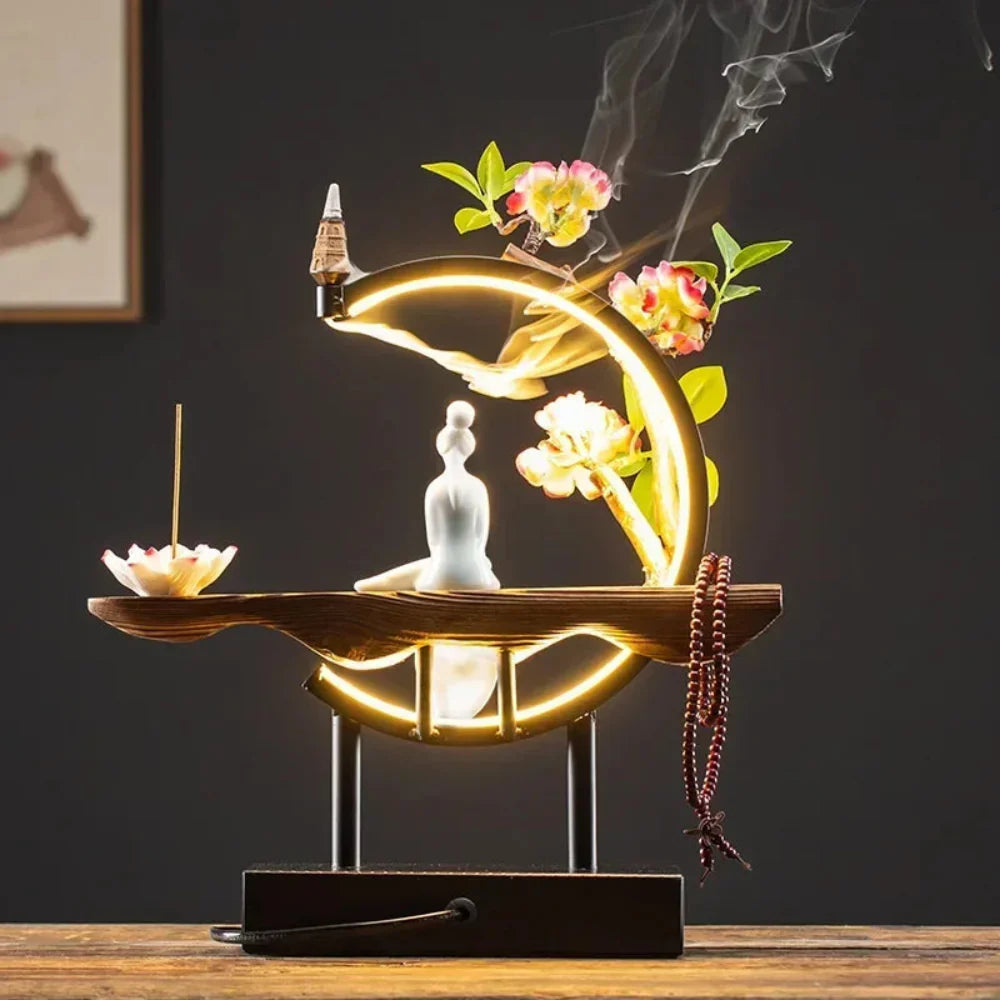 FlowRing Backflow Incense Holder with LED Light – Elegant Ceramic Burner in Iron Frame 5