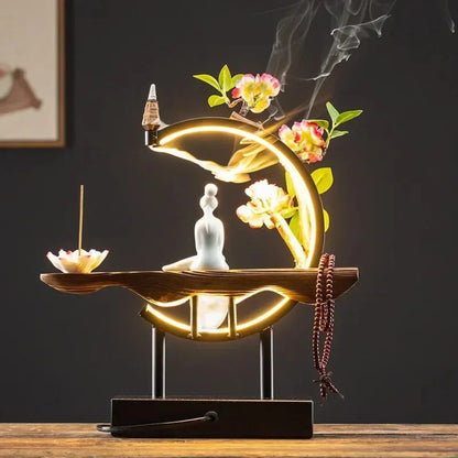 FlowRing Backflow Incense Holder with LED Light – Elegant Ceramic Burner in Iron Frame 5