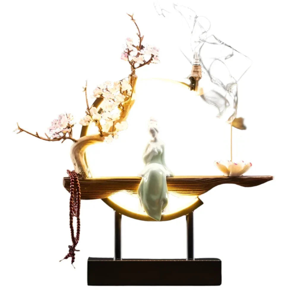 FlowRing Backflow Incense Holder with LED Light – Elegant Ceramic Burner in Iron Frame 7