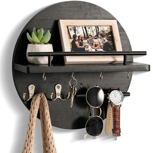 Wall-Mounted Wooden Key Holder Shelf with Organizer – Rustic Storage Solution for Keys and Accessories 1