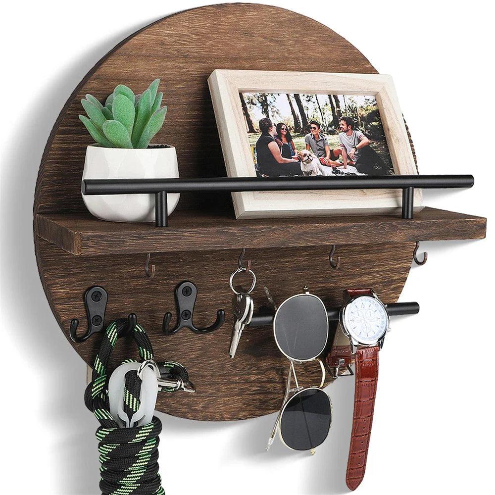 Wall-Mounted Wooden Key Holder Shelf with Organizer – Rustic Storage Solution for Keys and Accessories 2
