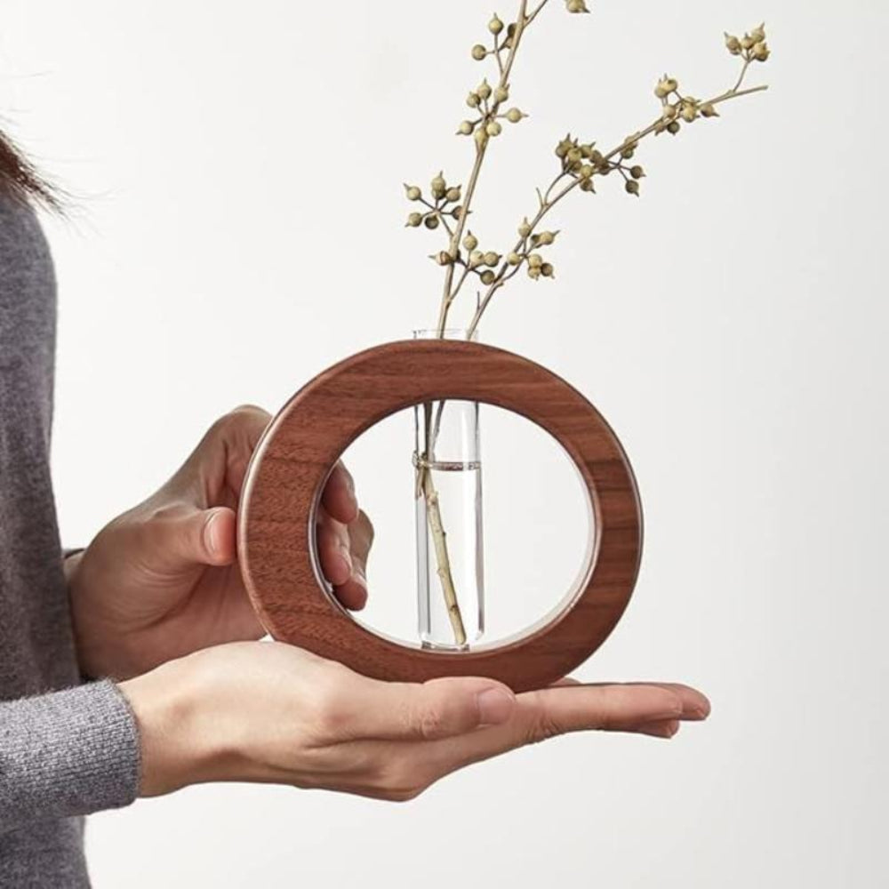 Wooden Hydroponic Vase with Glass Tube – Minimalist Plant Display for Indoor Gardening 2