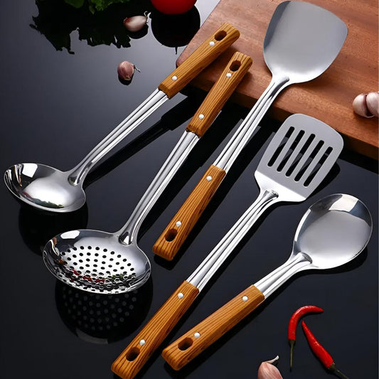 Stainless Steel Kitchen Utensil Set with Wooden Handles – 5-Piece Cooking Tools 1
