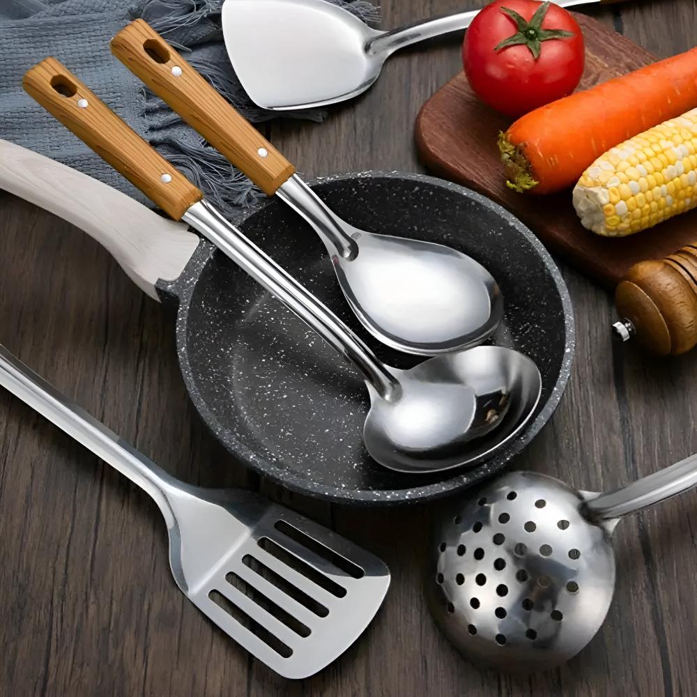 Stainless Steel Kitchen Utensil Set with Wooden Handles – 5-Piece Cooking Tools 2