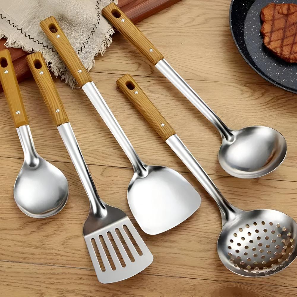 Stainless Steel Kitchen Utensil Set with Wooden Handles – 5-Piece Cooking Tools 3