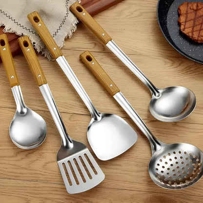 Stainless Steel Kitchen Utensil Set with Wooden Handles – 5-Piece Cooking Tools 3