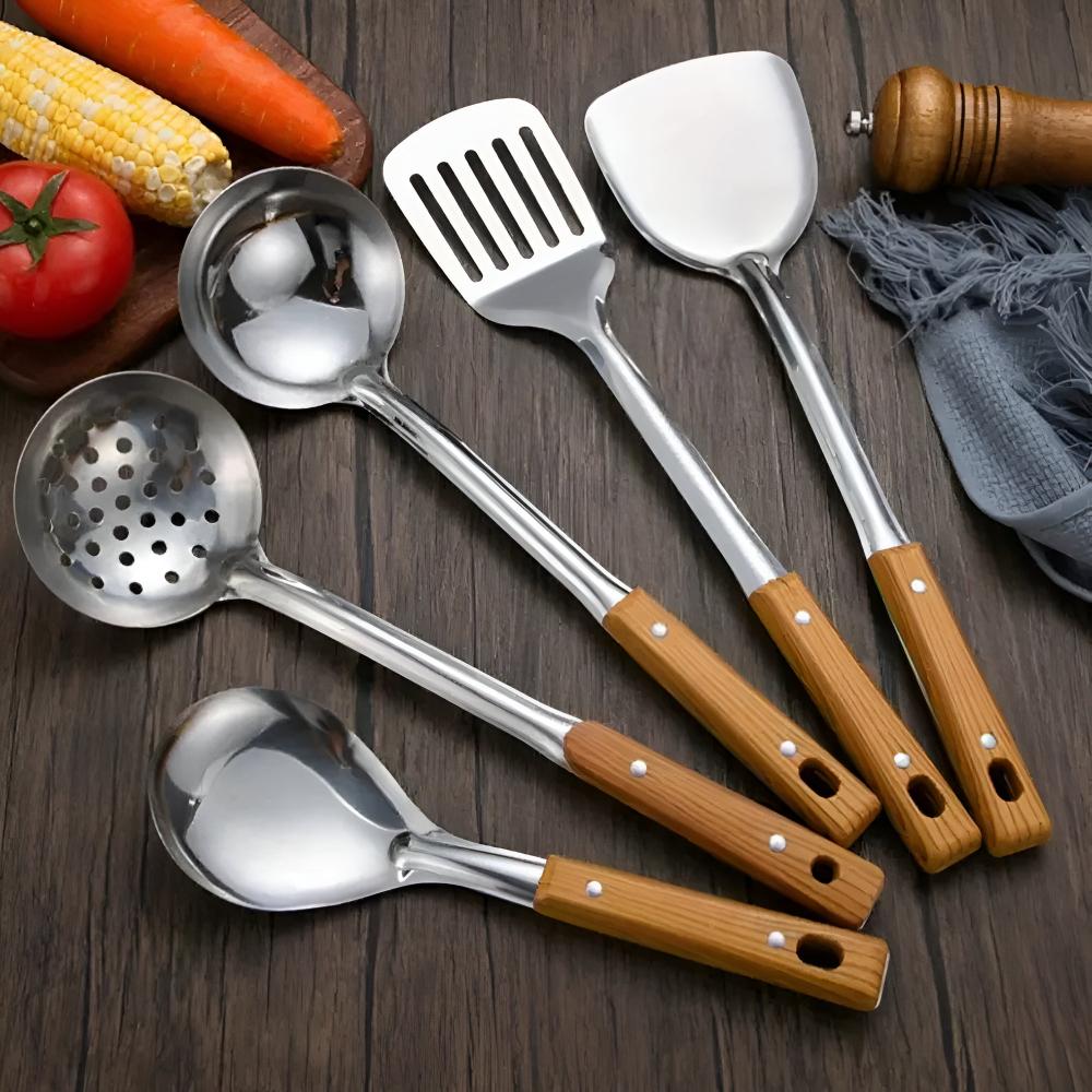 Stainless Steel Kitchen Utensil Set with Wooden Handles – 5-Piece Cooking Tools 5