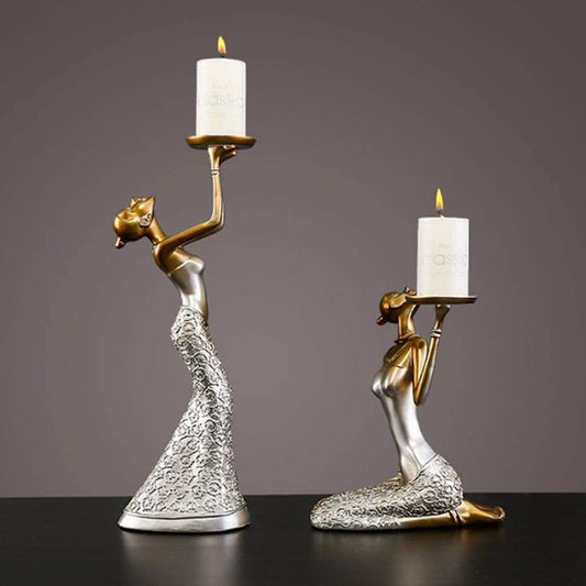 Elegant Resin Candle Holder Set – Female Sculptures for Stumpen or Votive Candles, Standing 40cm & Sitting 25cm, Decorative Art Piece 1