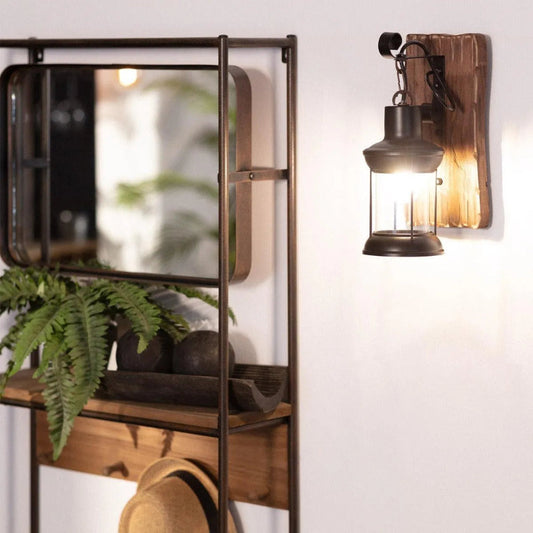 Black Lantern Wall Light with Natural Wood Accent – Rustic Vintage Design for Home Decor 1