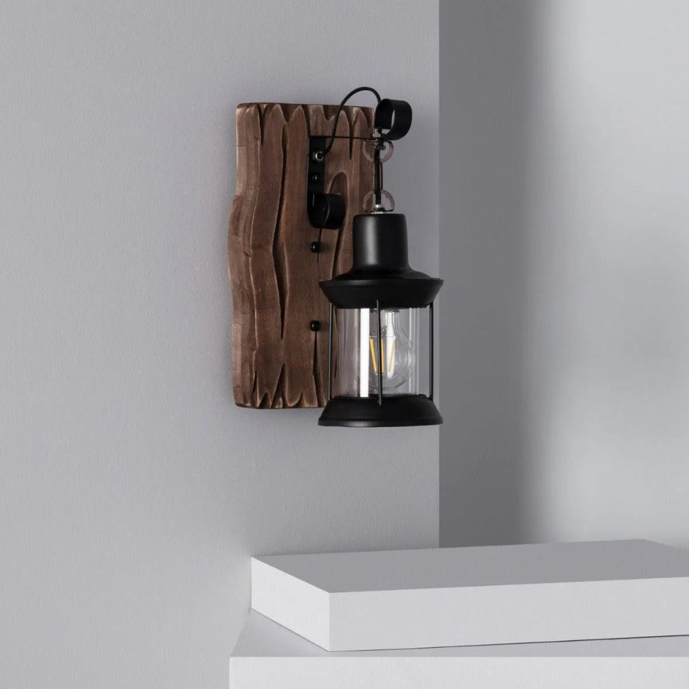 Black Lantern Wall Light with Natural Wood Accent – Rustic Vintage Design for Home Decor 2
