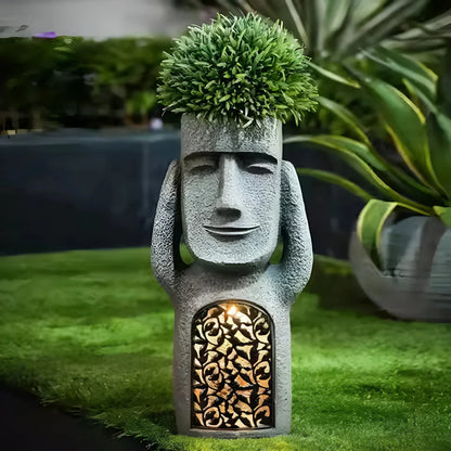 Solar LED Face Planter - Artistic Outdoor Planter with Warm Light for Garden and Patio 2