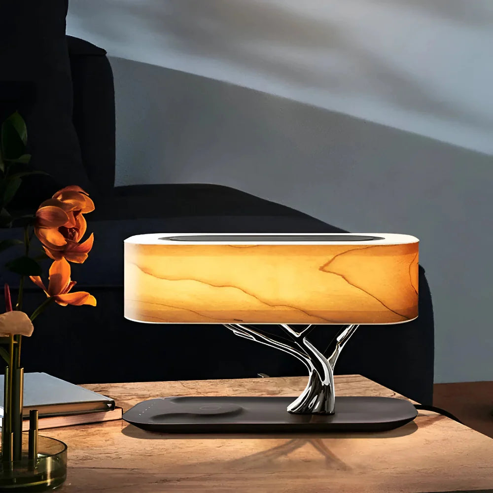 3-in-1 Table Lamp with Bluetooth Speaker and Wireless Charger – Cherry Wood Finish 1