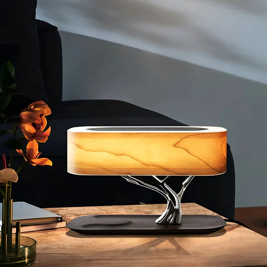3-in-1 Table Lamp with Bluetooth Speaker and Wireless Charger – Cherry Wood Finish 1