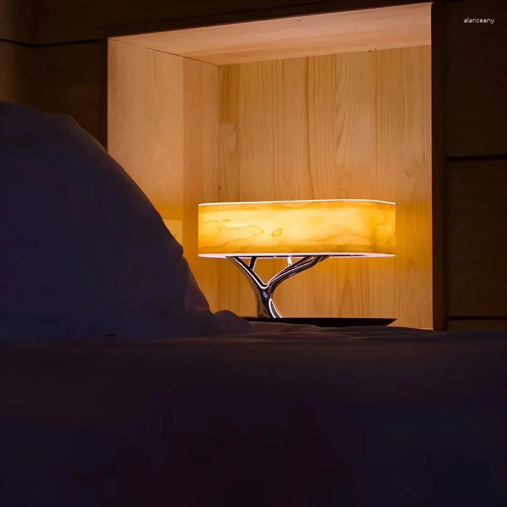 3-in-1 Table Lamp with Bluetooth Speaker and Wireless Charger – Cherry Wood Finish 2