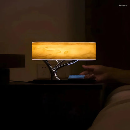 3-in-1 Table Lamp with Bluetooth Speaker and Wireless Charger – Cherry Wood Finish 3