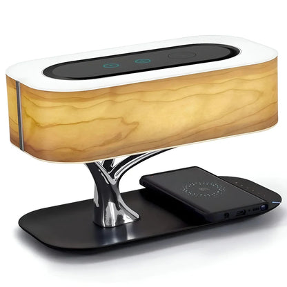 3-in-1 Table Lamp with Bluetooth Speaker and Wireless Charger – Cherry Wood Finish 5