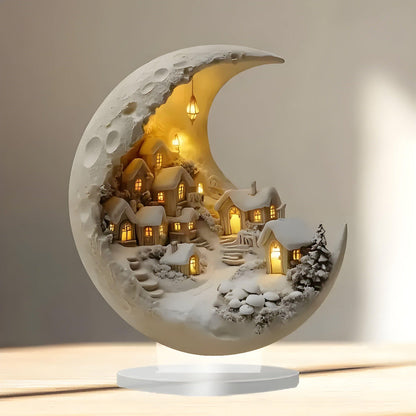 Acrylic Moon and Village Scene Decor – Dreamy Nighttime Display for Home 1