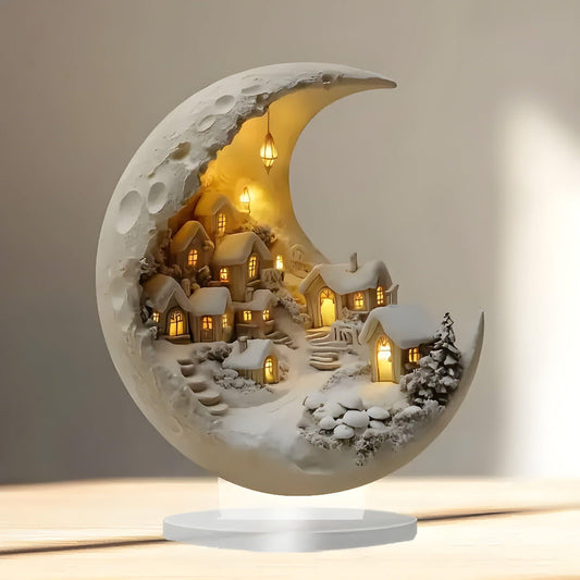 Acrylic Moon and Village Scene Decor – Dreamy Nighttime Display for Home 1
