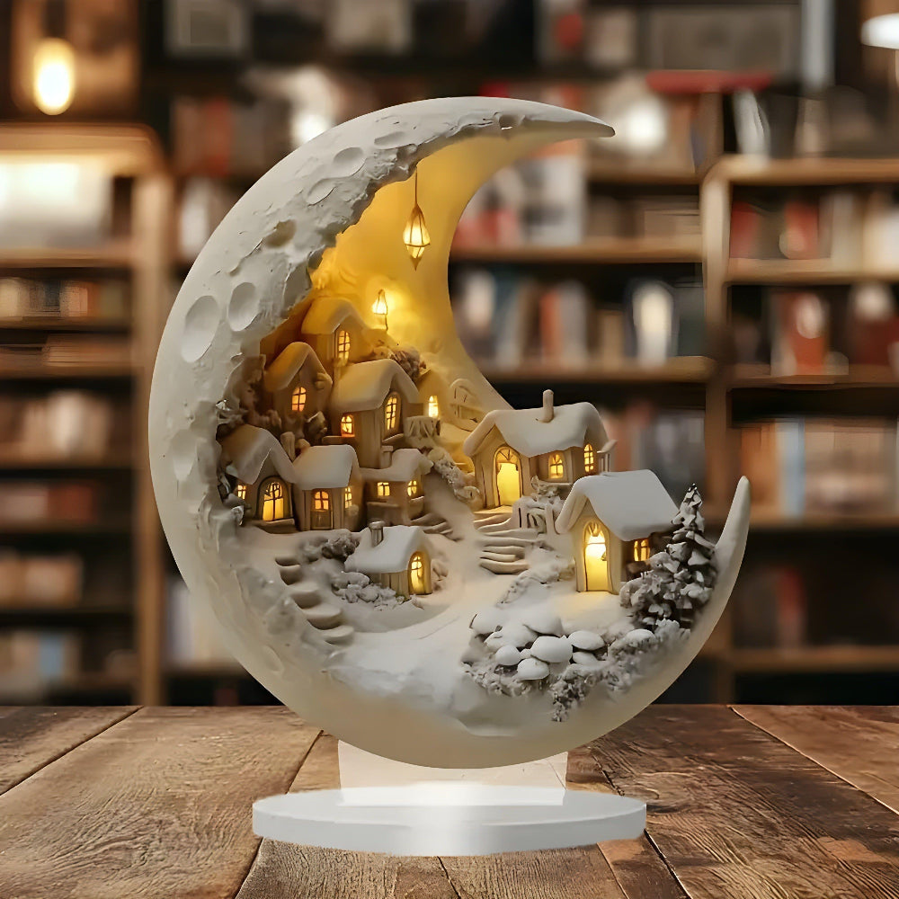 Acrylic Moon and Village Scene Decor – Dreamy Nighttime Display for Home 2