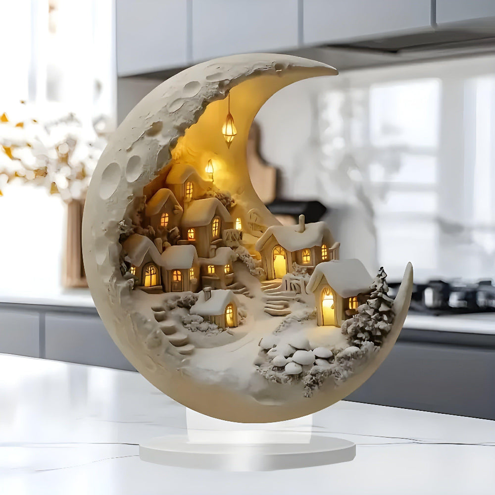 Acrylic Moon and Village Scene Decor – Dreamy Nighttime Display for Home 3