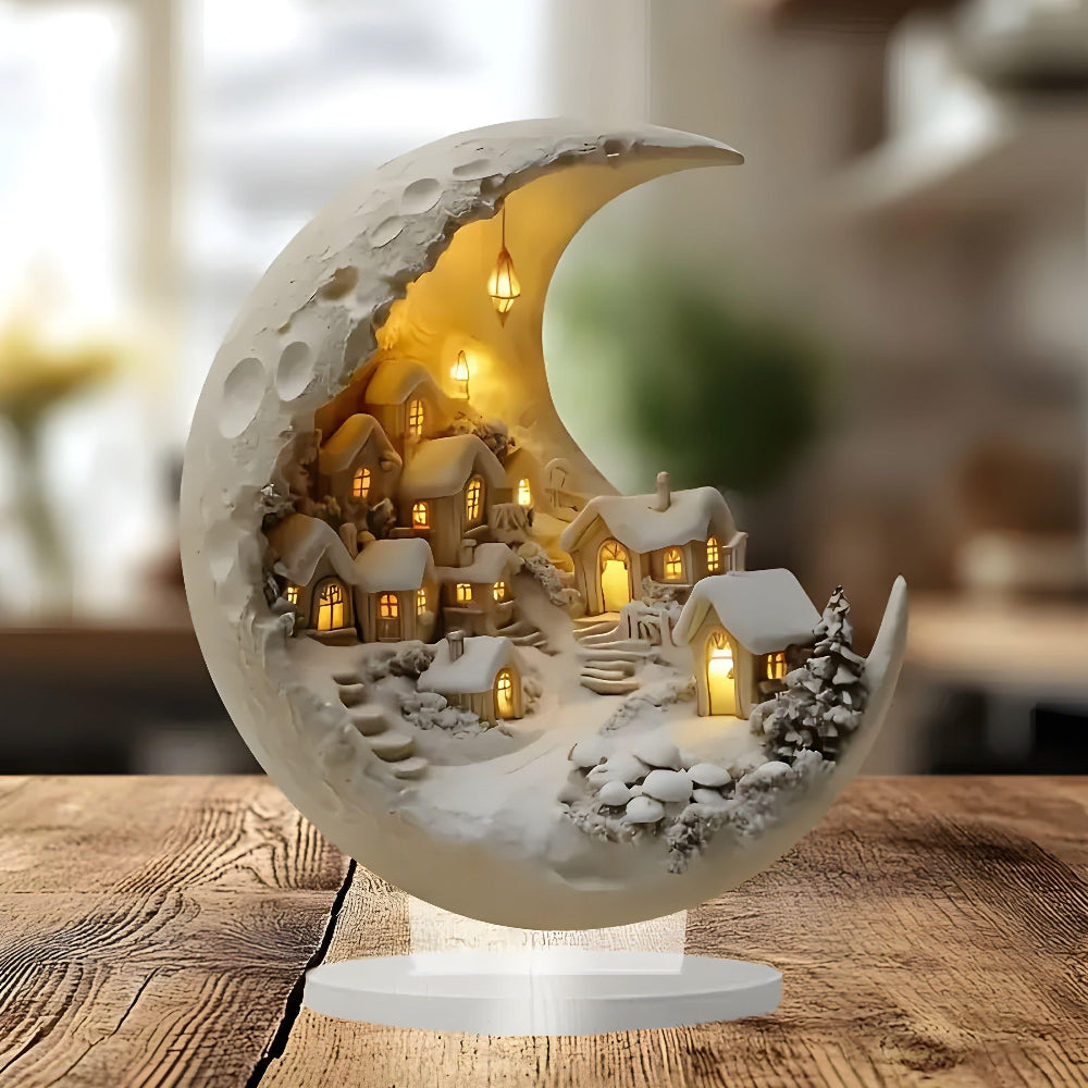 Acrylic Moon and Village Scene Decor – Dreamy Nighttime Display for Home 4