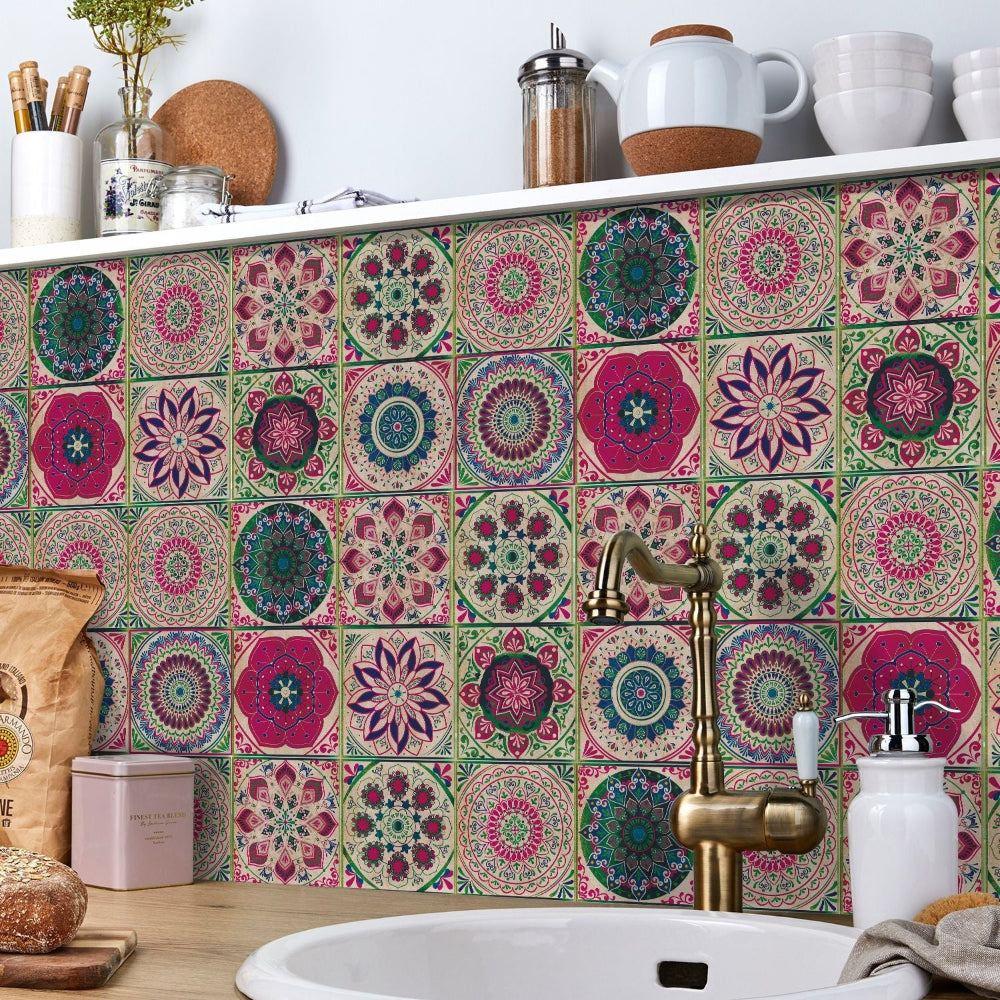 24-Piece European Mandala Tile Set - Artistic Vinyl Wall Decor for Home Interiors, Easy Peel and Stick Application 1