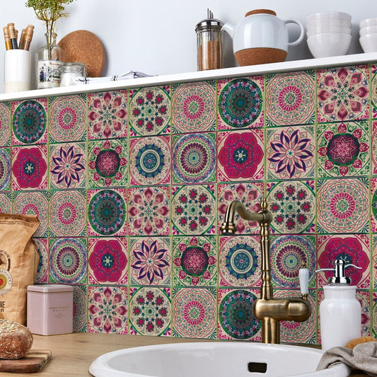 24-Piece European Mandala Tile Set - Artistic Vinyl Wall Decor for Home Interiors, Easy Peel and Stick Application 1