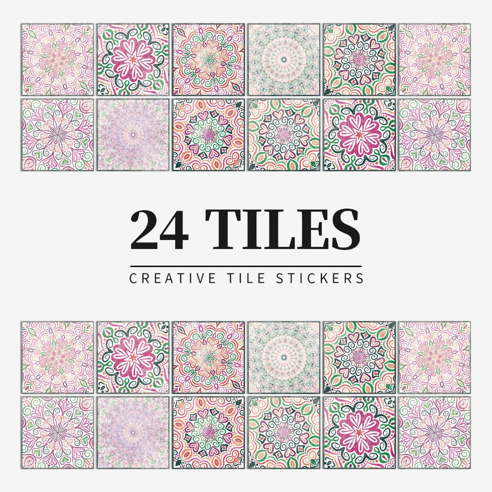 24-Piece European Mandala Tile Set - Artistic Vinyl Wall Decor for Home Interiors, Easy Peel and Stick Application 9