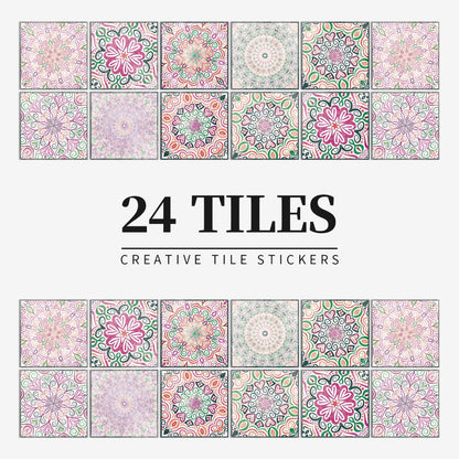 24-Piece European Mandala Tile Set - Artistic Vinyl Wall Decor for Home Interiors, Easy Peel and Stick Application 9