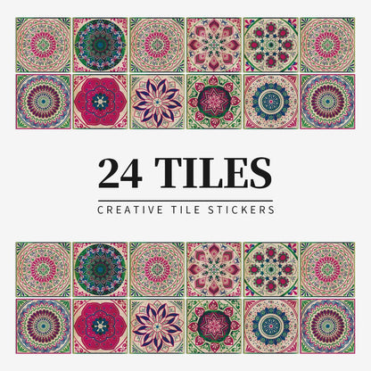 24-Piece European Mandala Tile Set - Artistic Vinyl Wall Decor for Home Interiors, Easy Peel and Stick Application 10