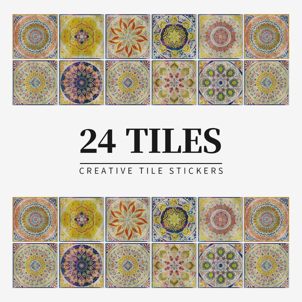 24-Piece European Mandala Tile Set - Artistic Vinyl Wall Decor for Home Interiors, Easy Peel and Stick Application 11