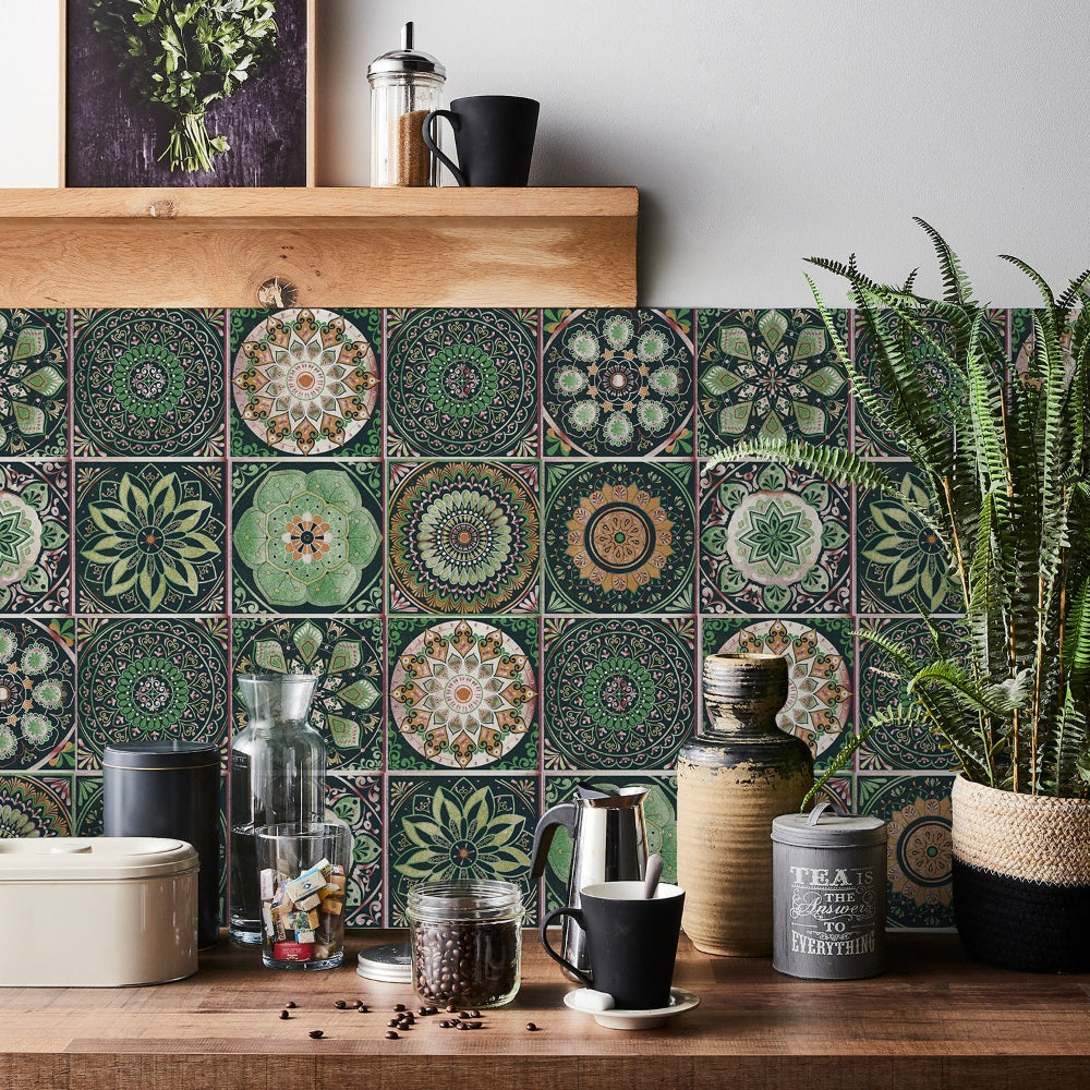 24-Piece European Mandala Tile Set - Artistic Vinyl Wall Decor for Home Interiors, Easy Peel and Stick Application 3