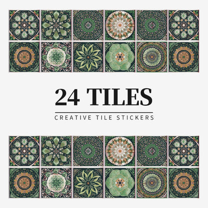 24-Piece European Mandala Tile Set - Artistic Vinyl Wall Decor for Home Interiors, Easy Peel and Stick Application 8
