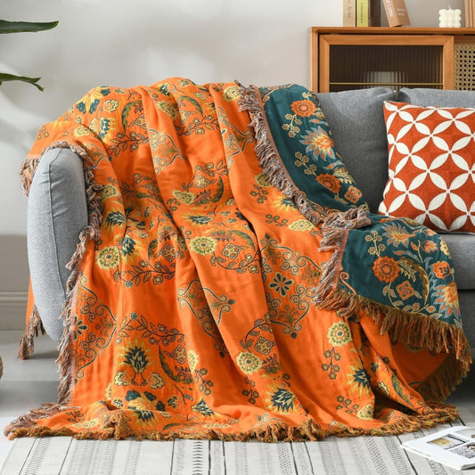 Reversible Marigold Floral Throw Blanket – Soft Cotton, Stylish Design for Home Decor 1